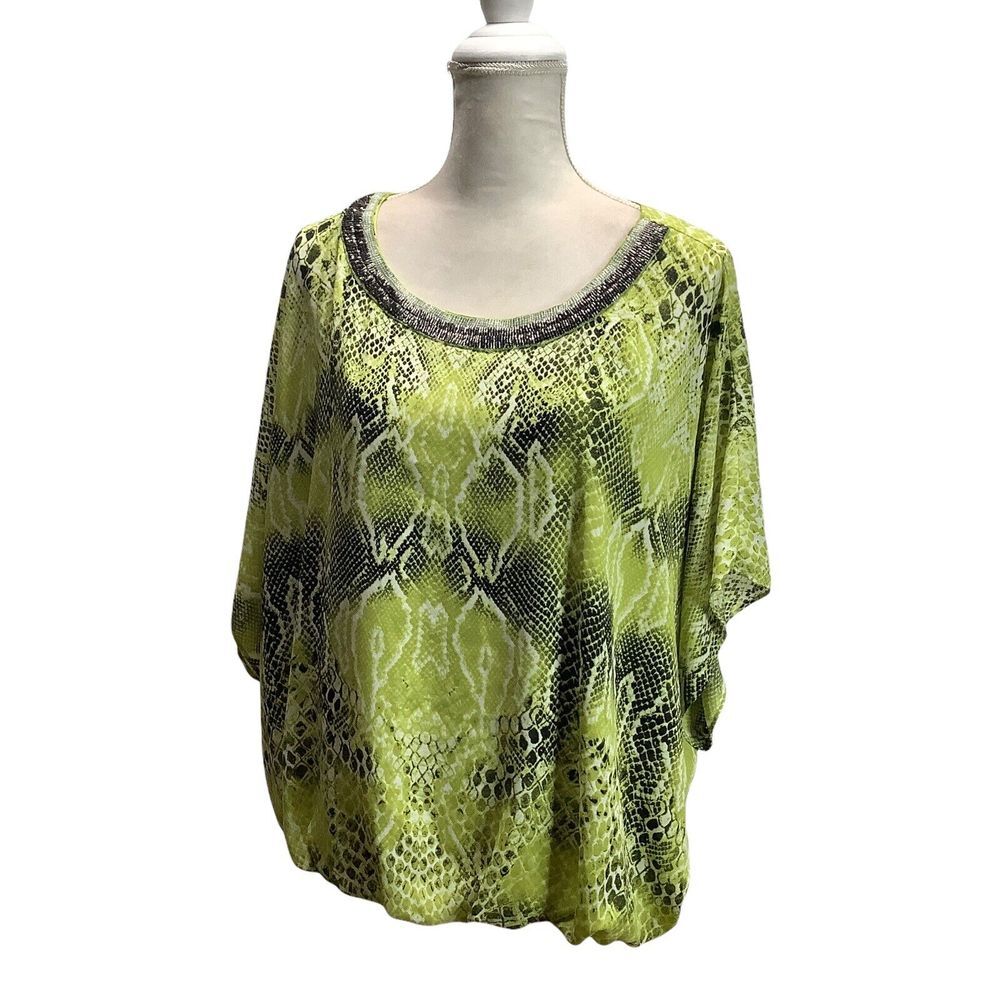 ALFANI Shirt Green Snake Print Size L Elastic Waist 2 Layer Top Blouse Sequins